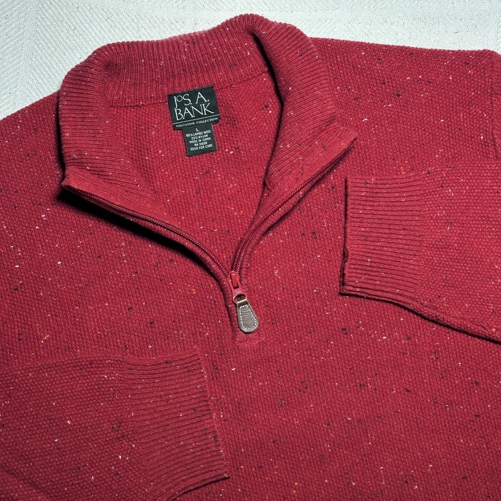 Jos A Bank 1/4 Zip Sweater Mens Large Lambswool Blend Donegal Red Preppy Ivy